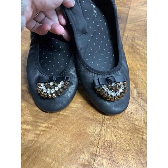 Lot Lindsay Phillips Women’s 9.5 Zip Black Genuine Leather Ballet Flats 2 Snaps - Picture 8 of 11